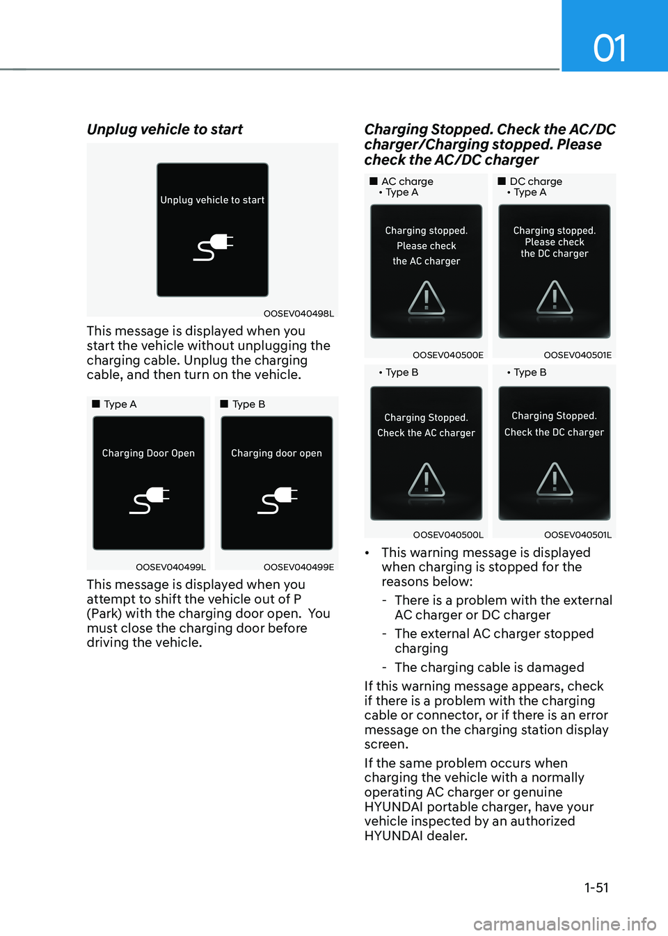 HYUNDAI KONA EV 2023  Owners Manual 01
1-51
Unplug vehicle to start
OOSEV040498L
This message is displayed when you  
start the vehicle without unplugging the 
charging cable. Unplug the charging 
cable, and then turn on the vehicle.
&#