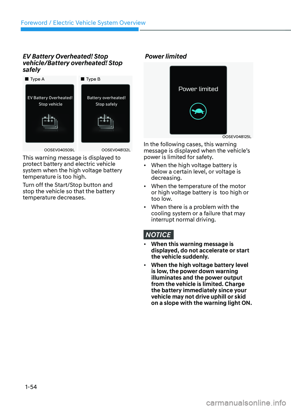 HYUNDAI KONA EV 2023  Owners Manual Foreword / Electric Vehicle System Overview
1-54
EV Battery Overheated! Stop  
vehicle/Battery overheated! Stop 
safely
„„Type A
„„Type B
OOSEV040509LOOSEV048132L
This warning mess
