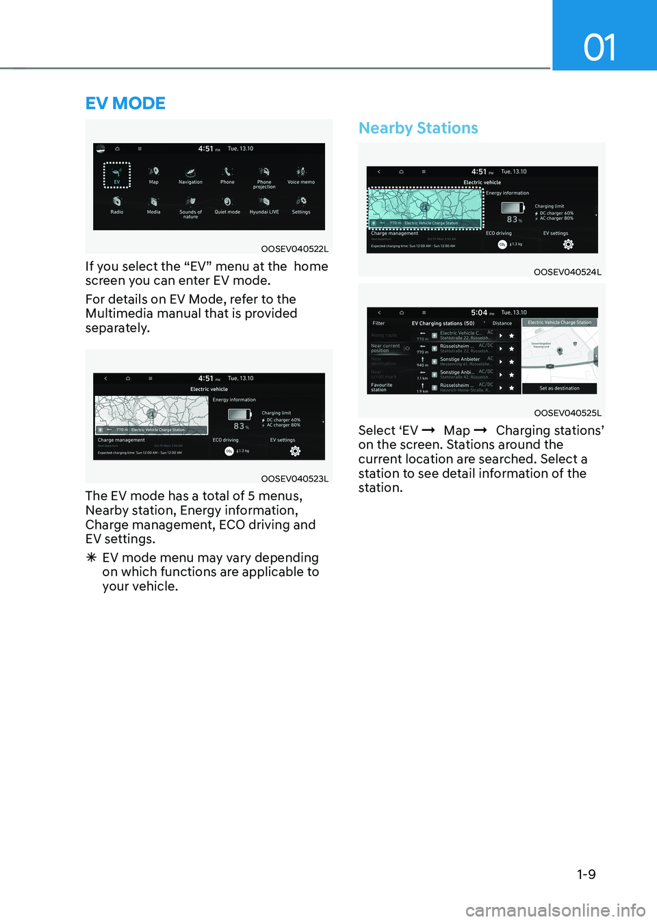 HYUNDAI KONA EV 2022  Owners Manual 01
1-9
eV mode
OOSEV040522L
If you select the “EV” menu at the  home  
screen you can enter EV mode.  
For details on EV Mode, refer to the  
Multimedia manual that is provided 
separately.
OOSEV0