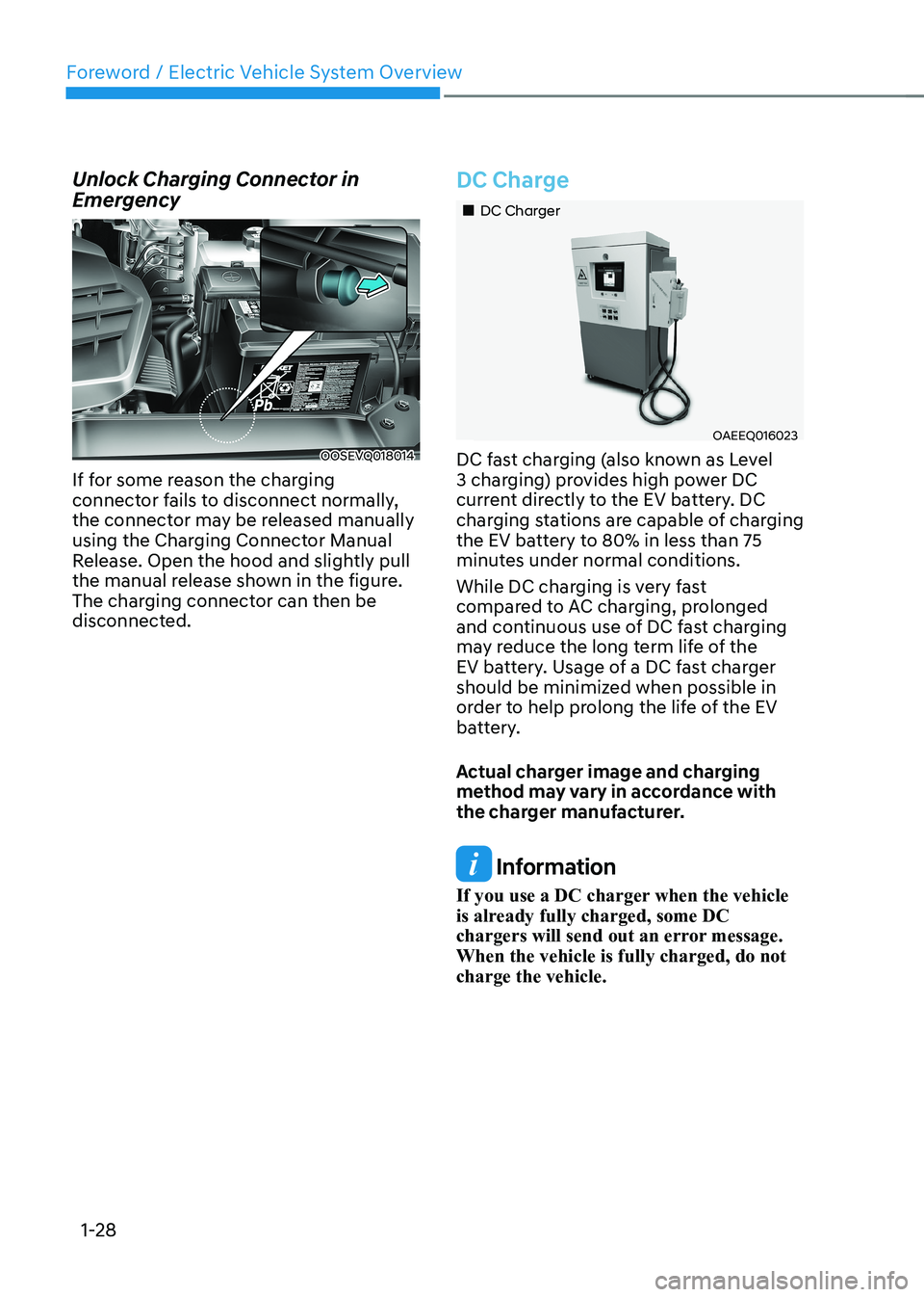 HYUNDAI KONA EV 2022 Owners Manual Foreword / Electric Vehicle System Overview
1-28
Unlock Charging Connector in
Emergency
OOSEVQ018014
If for some reason the charging
connector fails to disconnect normally,
the connector may be r HYUNDAI KONA EV 2022 Owners Manual Foreword / Electric Vehicle System Overview
1-28
Unlock Charging Connector in
Emergency
OOSEVQ018014
If for some reason the charging
connector fails to disconnect normally,
the connector may be r