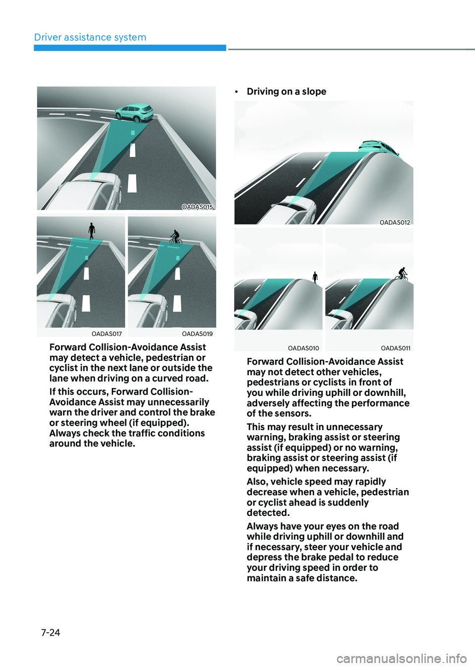 HYUNDAI KONA EV 2022 Owners Manual Driver assistance system
7-24
OADAS015
OADAS017OADAS019
Forward Collision-Avoidance Assist
may detect a vehicle, pedestrian or
cyclist in the next lane or outside the
lane when driving on a curved HYUNDAI KONA EV 2022 Owners Manual Driver assistance system
7-24
OADAS015
OADAS017OADAS019
Forward Collision-Avoidance Assist
may detect a vehicle, pedestrian or
cyclist in the next lane or outside the
lane when driving on a curved