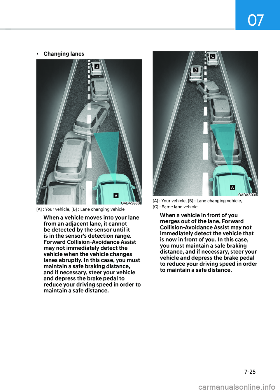 HYUNDAI KONA EV 2022  Owners Manual 07
7-25
•	
Changing lanes
OADAS030
[A] : Your vehicle, [B] : Lane changing vehicle
When a vehicle moves into your lane  
from an adjacent lane, it cannot 
be detected by the sensor until it 
is in t