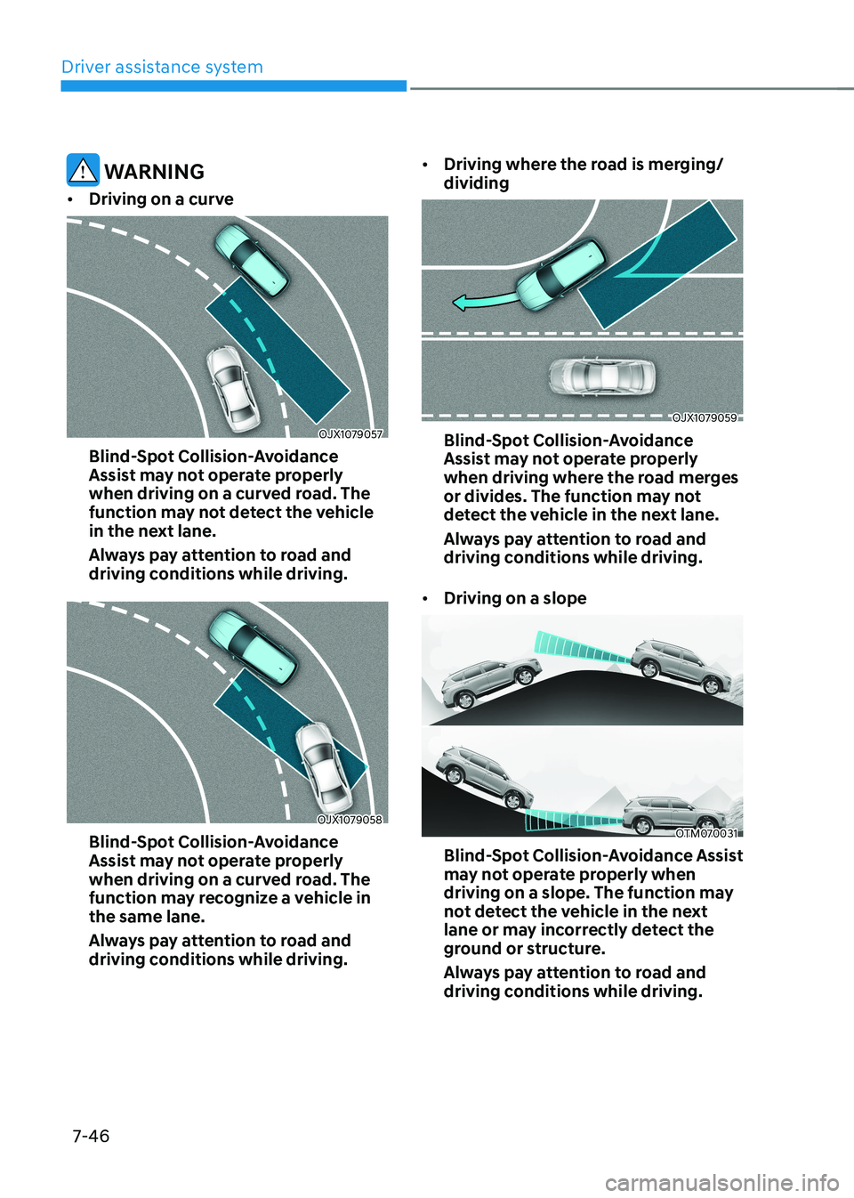 HYUNDAI KONA EV 2022 Owners Manual Driver assistance system
7-46
warning
• Driving on a curve
OJX1079057
Blind-spot Collision-avoidance
Assist may not operate properly
when driving on a curved road. The
function may not detect HYUNDAI KONA EV 2022 Owners Manual Driver assistance system
7-46
warning
• Driving on a curve
OJX1079057
Blind-spot Collision-avoidance
Assist may not operate properly
when driving on a curved road. The
function may not detect