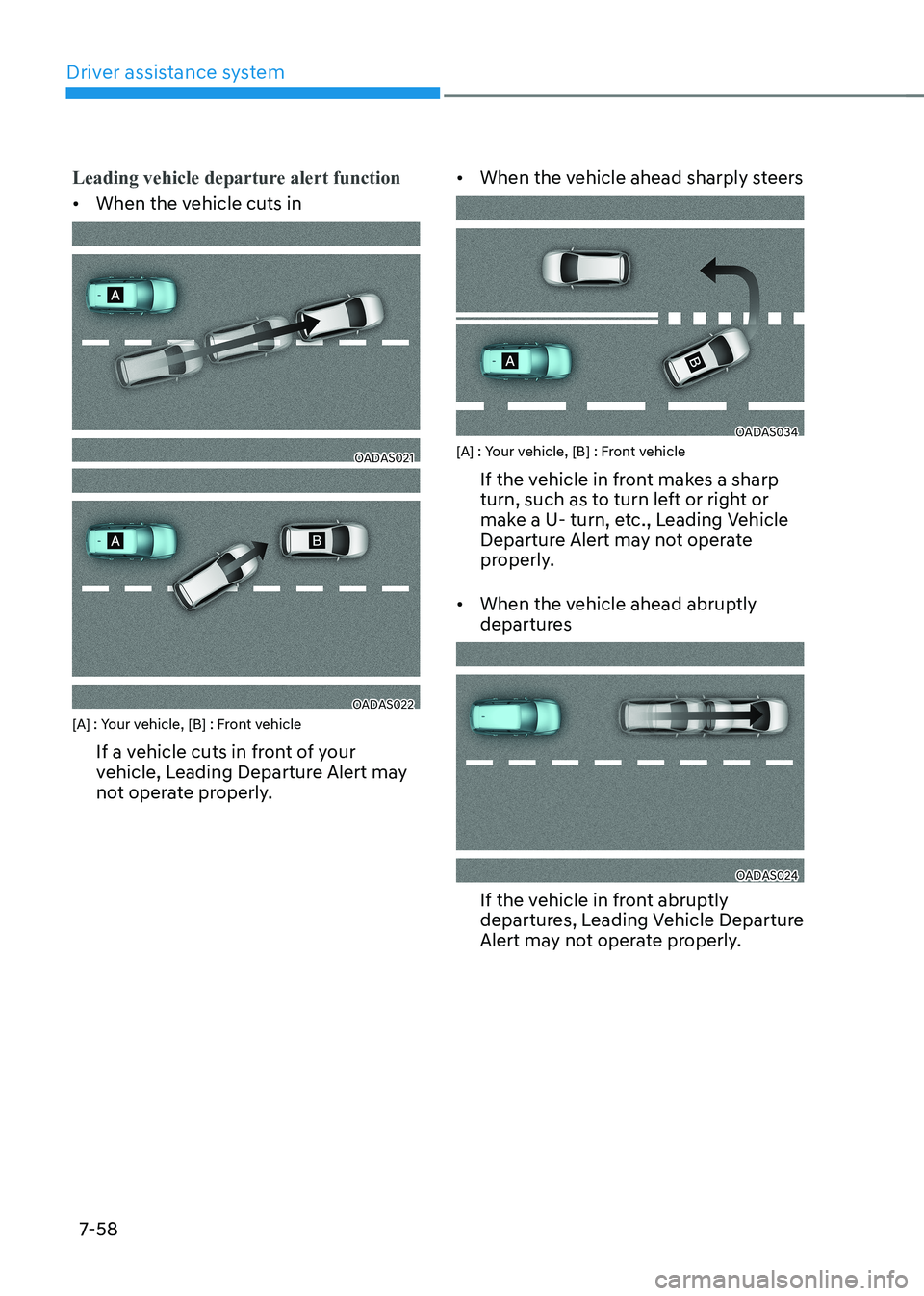 HYUNDAI KONA EV 2022  Owners Manual Driver assistance system
7-58
Leading vehicle departure alert function
•	When the vehicle cuts in
OADAS021
OADAS022
[A] : Your vehicle, [B] : Front vehicle
If a vehicle cuts in front of your  
vehic