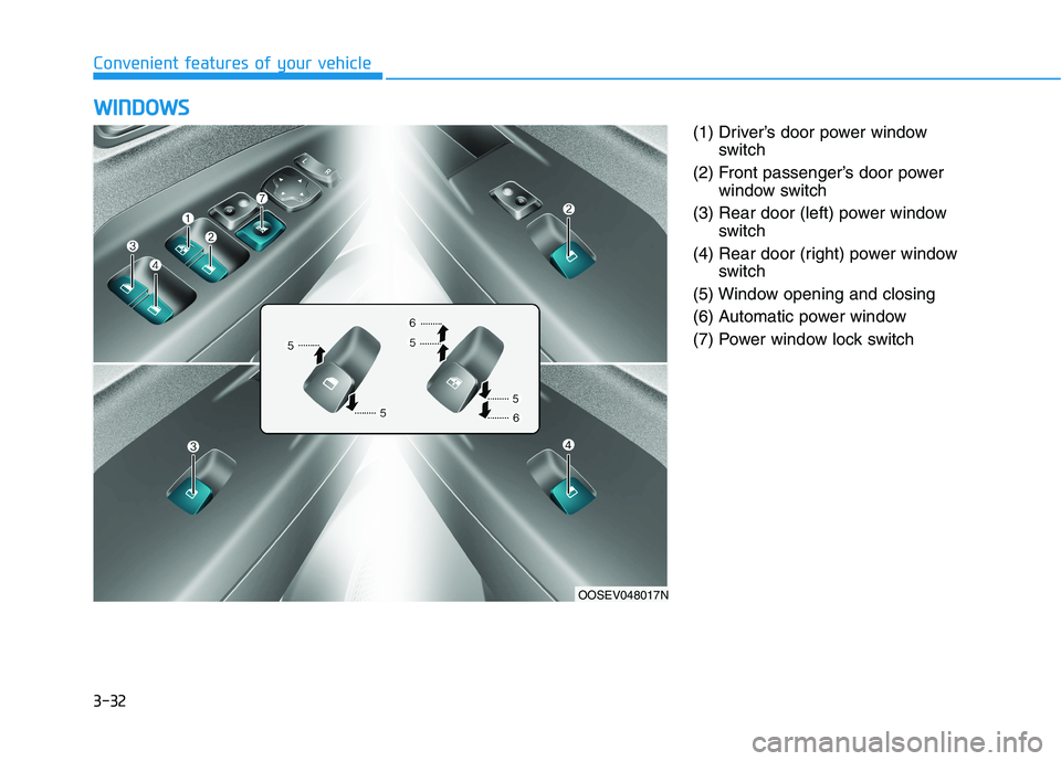 HYUNDAI KONA EV 2021  Owners Manual 3-32
W WI
IN
ND
DO
OW
WS
S
Convenient features of your vehicle
OOSEV048017N
(1) Driver’s door power window
switch
(2) Front passenger’s door power
window switch
(3) Rear door (left) power window
s