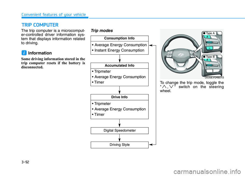 HYUNDAI KONA EV 2021  Owners Manual 3-92
Convenient features of your vehicle
The trip computer is a microcomput-
er-controlled driver information sys-
tem that displays information related
to driving.
Information 
Some driving informati