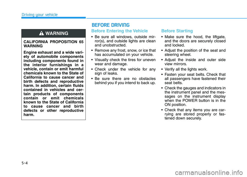HYUNDAI KONA EV 2021 Owners Manual 5-4
Driving your vehicle
Before Entering the Vehicle
• Be sure all windows, outside mir-
ror(s), and outside lights are clean
and unobstructed.
Remove any frost, snow, or ice that
has accumulated o HYUNDAI KONA EV 2021 Owners Manual 5-4
Driving your vehicle
Before Entering the Vehicle
• Be sure all windows, outside mir-
ror(s), and outside lights are clean
and unobstructed.
Remove any frost, snow, or ice that
has accumulated o