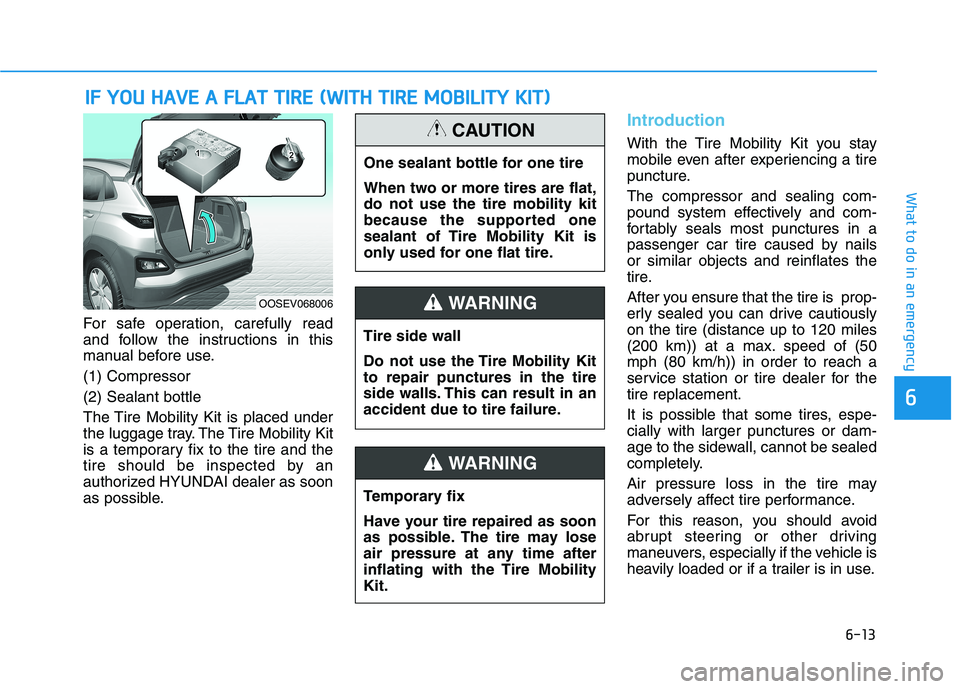 HYUNDAI KONA EV 2021 Owners Manual 6-13
What to do in an emergency
6
For safe operation, carefully read
and follow the instructions in this
manual before use.
(1) Compressor
(2) Sealant bottle
The Tire Mobility Kit is placed under
the HYUNDAI KONA EV 2021 Owners Manual 6-13
What to do in an emergency
6
For safe operation, carefully read
and follow the instructions in this
manual before use.
(1) Compressor
(2) Sealant bottle
The Tire Mobility Kit is placed under
the