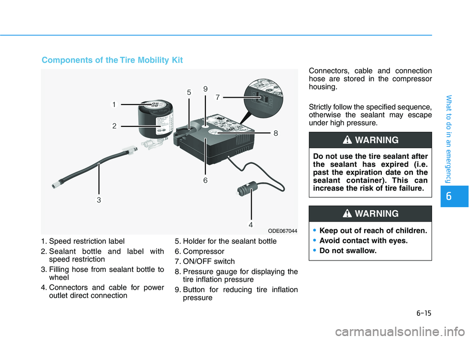 HYUNDAI KONA EV 2021  Owners Manual 6-15
What to do in an emergency
6
1. Speed restriction label
2. Sealant bottle and label with
speed restriction
3. Filling hose from sealant bottle to
wheel
4. Connectors and cable for power
outlet di