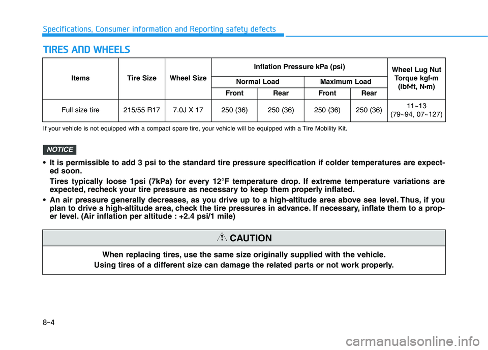 HYUNDAI KONA EV 2021 Owners Manual 8-4
Specifications, Consumer information and Reporting safety defects
T TI
IR
RE
ES
S
A
AN
ND
D
W
WH
HE
EE
EL
LS
S
When replacing tires, use the same size originally supplied with the vehicle.
Usi HYUNDAI KONA EV 2021 Owners Manual 8-4
Specifications, Consumer information and Reporting safety defects
T TI
IR
RE
ES
S
A
AN
ND
D
W
WH
HE
EE
EL
LS
S
When replacing tires, use the same size originally supplied with the vehicle.
Usi
