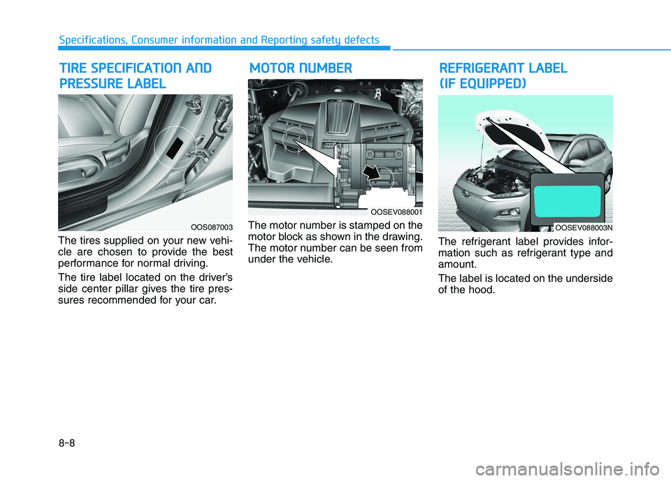 HYUNDAI KONA EV 2021  Owners Manual 8-8
Specifications, Consumer information and Reporting safety defects
The tires supplied on your new vehi-
cle are chosen to provide the best
performance for normal driving.
The tire label located on 