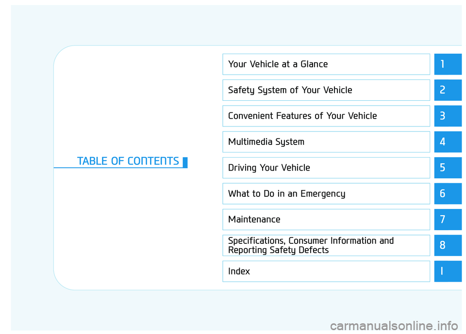 HYUNDAI KONA EV 2021  Owners Manual 1
2
3
4
5
6
7
8
I
Your Vehicle at a Glance
Safety System of Your Vehicle
Convenient Features of Your Vehicle
Multimedia System
Driving Your Vehicle
What to Do in an Emergency
Maintenance
Specification