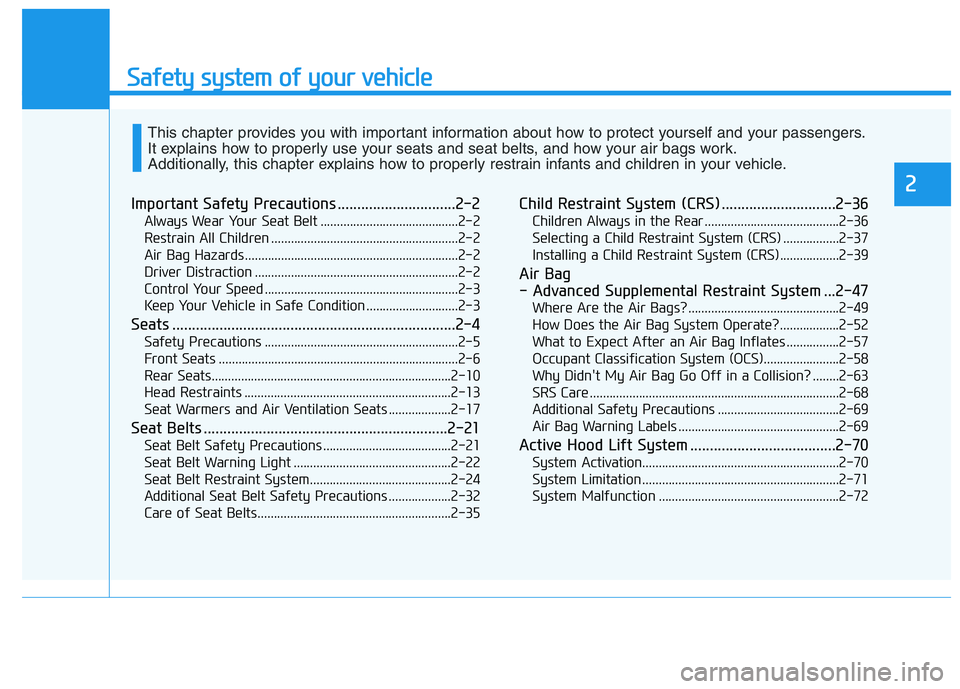 HYUNDAI NEXO 2023  Owners Manual Safety system of your vehicle
Important Safety Precautions ..............................2-2Always Wear Your Seat Belt ..........................................2-2 
Restrain All Children ............
