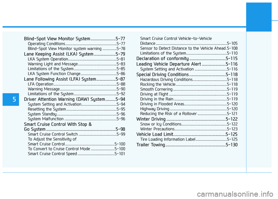 HYUNDAI NEXO 2023  Owners Manual 5
Blind-Spot View Monitor System ......................5-77Operating Conditions ......................................................5-77 
Blind-Spot View Monitor system warning ...............5-78
L