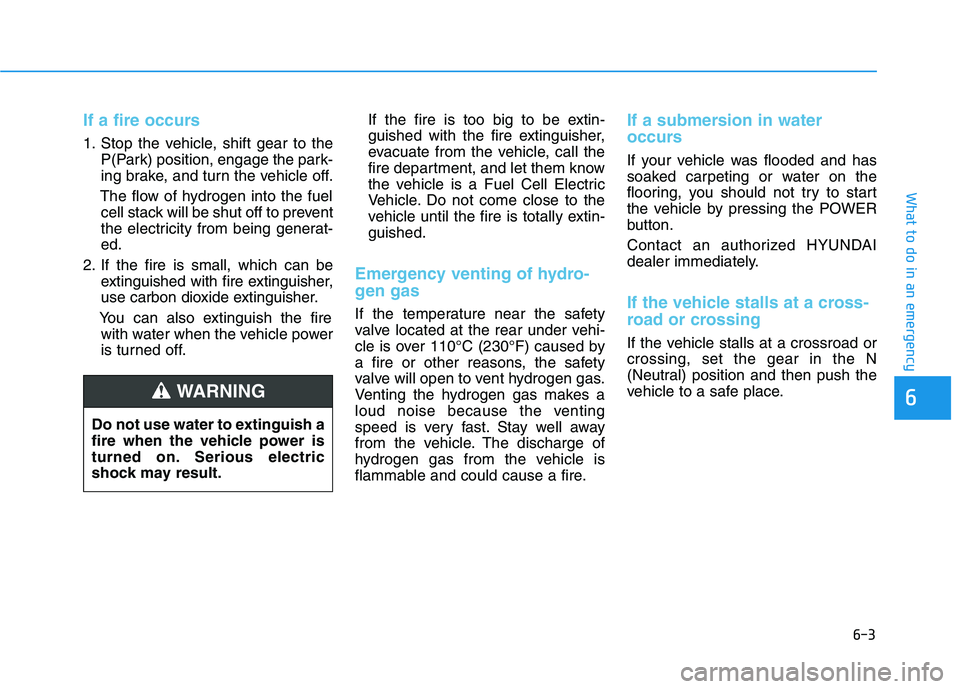 HYUNDAI NEXO 2023  Owners Manual 6-3
What to do in an emergency
If a fire occurs
1. Stop the vehicle, shift gear to theP(Park) position, engage the park- 
ing brake, and turn the vehicle off.
The flow of hydrogen into the fuel cell s