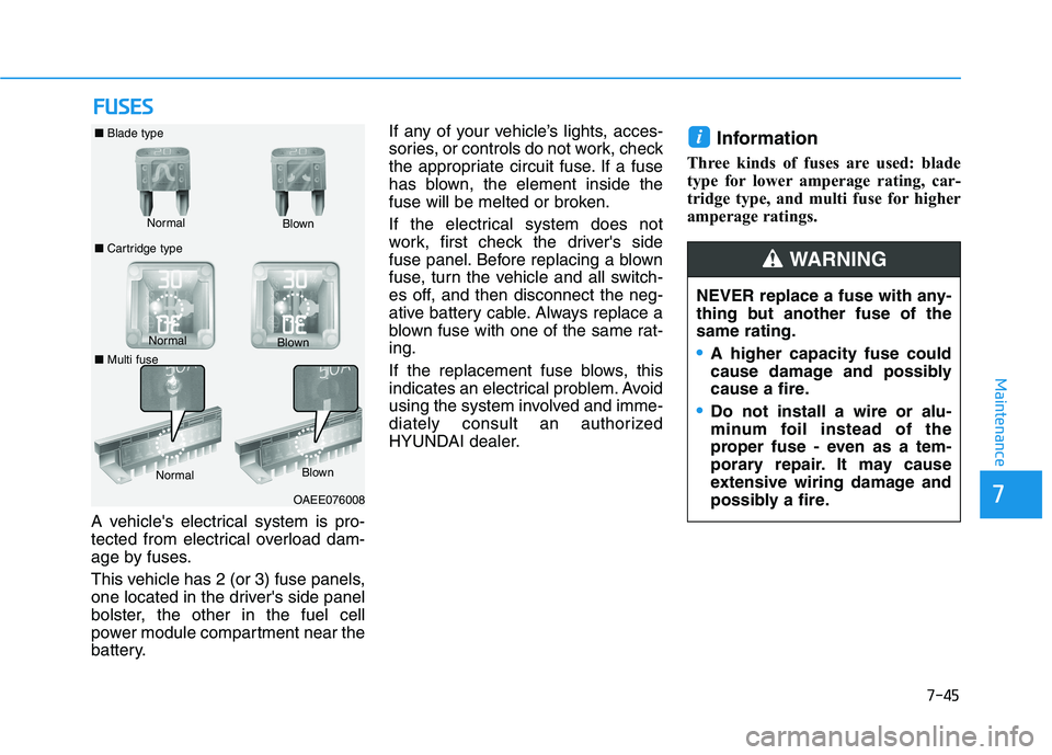 HYUNDAI NEXO 2023  Owners Manual 7-45
7
Maintenance
FFUU SSEE SS
A vehicles electrical system is pro- 
tected from electrical overload dam-
age by fuses. 
This vehicle has 2 (or 3) fuse panels, 
one located in the drivers side pane
