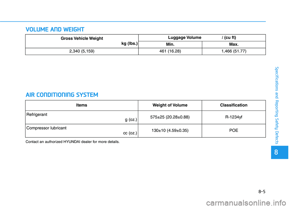 HYUNDAI NEXO 2023  Owners Manual 8-5
88
Specifications and Reporting Safety Defects
VVOO LLUU MM EE  AA NN DD  WW EEIIGG HH TT
A
A IIRR   CC OO NNDDIITT IIOO NNIINN GG  SS YY SSTT EEMM
Contact an authorized HYUNDAI dealer for more de