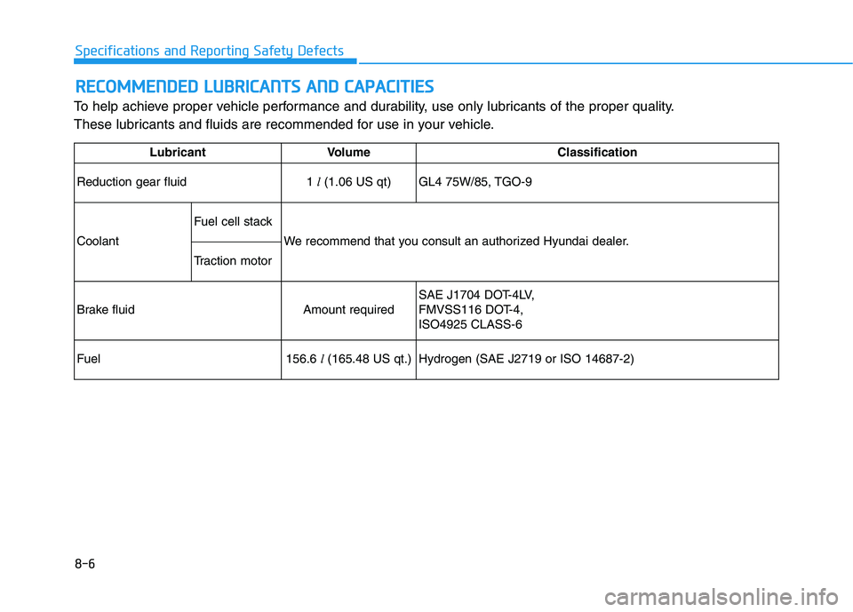 HYUNDAI NEXO 2023  Owners Manual 8-6
Specifications and Reporting Safety DefectsR
R EECCOO MM MMEENN DDEEDD   LL UU BBRRIICC AA NN TTSS  AA NN DD  CC AA PPAA CCIITT IIEE SS
To help achieve proper vehicle performance and durability, u