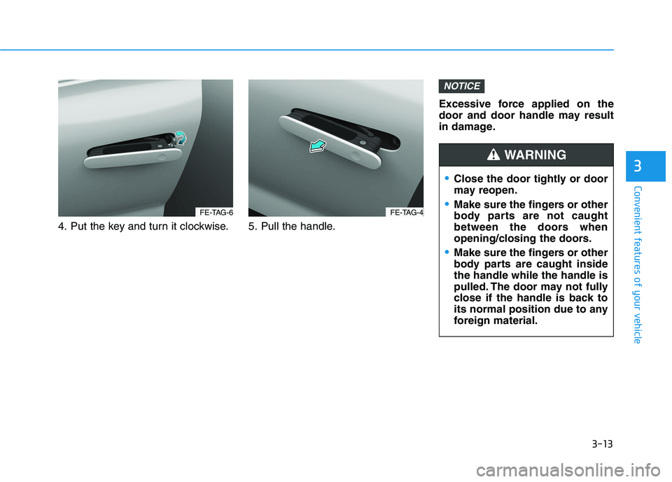 HYUNDAI NEXO 2023  Owners Manual 3-13
Convenient features of your vehicle
4. Put the key and turn it clockwise. 5. Pull the handle.Excessive force applied on the 
door and door handle may result
in damage.
NOTICE
3
FE-TAG-6FE-TAG-4
C