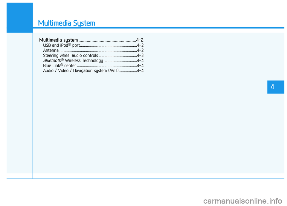 HYUNDAI NEXO 2019  Owners Manual Multimedia System
Multimedia system .................................................4-2
USB and iPod®port..........................................................4-2
Antenna .......................