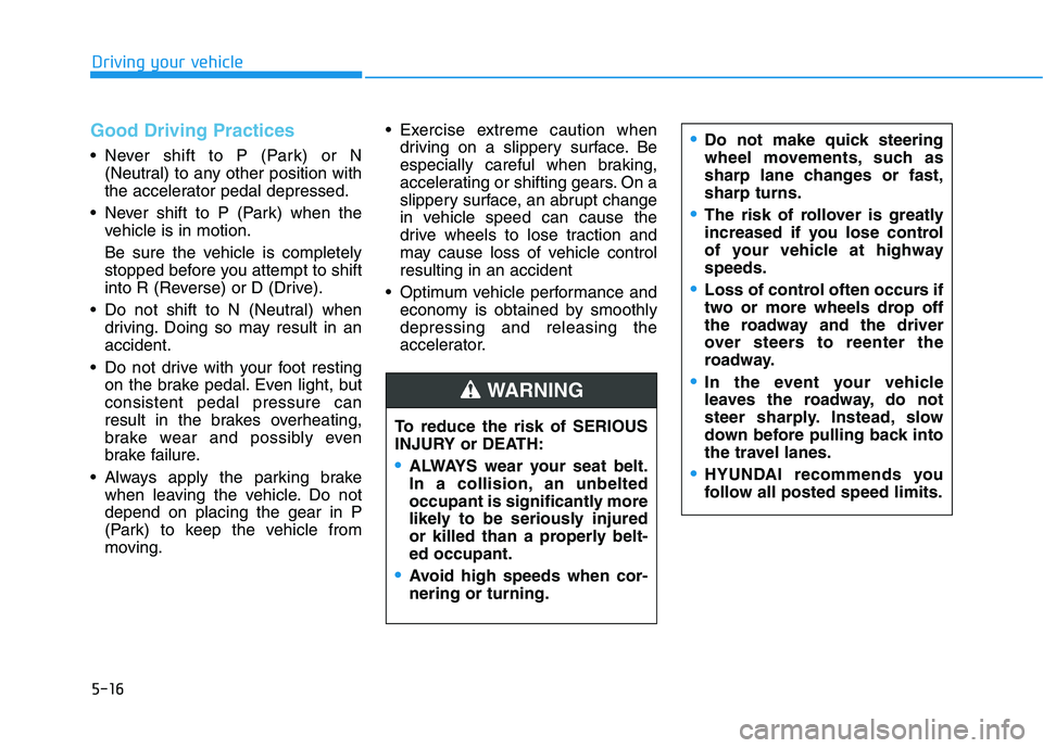 HYUNDAI NEXO 2019  Owners Manual 5-16
Driving your vehicle
Good Driving Practices
 Never shift to P (Park) or N
(Neutral) to any other position with
the accelerator pedal depressed.
 Never shift to P (Park) when the
vehicle is in mot
