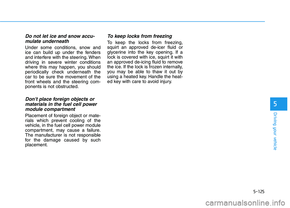 HYUNDAI NEXO 2019 Owners Manual 5-125
Driving your vehicle
5
Do not let ice and snow accu-
mulate underneath
Under some conditions, snow and
ice can build up under the fenders
and interfere with the steering. When
driving in severe HYUNDAI NEXO 2019 Owners Manual 5-125
Driving your vehicle
5
Do not let ice and snow accu-
mulate underneath
Under some conditions, snow and
ice can build up under the fenders
and interfere with the steering. When
driving in severe