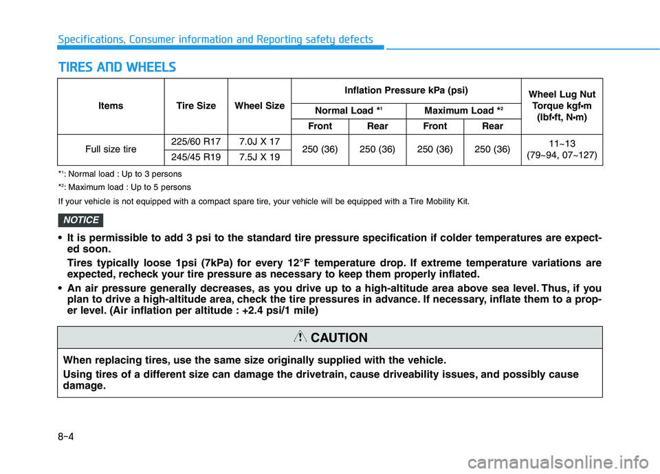 HYUNDAI NEXO 2019 Owners Manual 8-4
Specifications, Consumer information and Reporting safety defects
T TI
IR
RE
ES
S
A
AN
ND
D
W
WH
HE
EE
EL
LS
S
When replacing tires, use the same size originally supplied with the vehicle.
Usi HYUNDAI NEXO 2019 Owners Manual 8-4
Specifications, Consumer information and Reporting safety defects
T TI
IR
RE
ES
S
A
AN
ND
D
W
WH
HE
EE
EL
LS
S
When replacing tires, use the same size originally supplied with the vehicle.
Usi