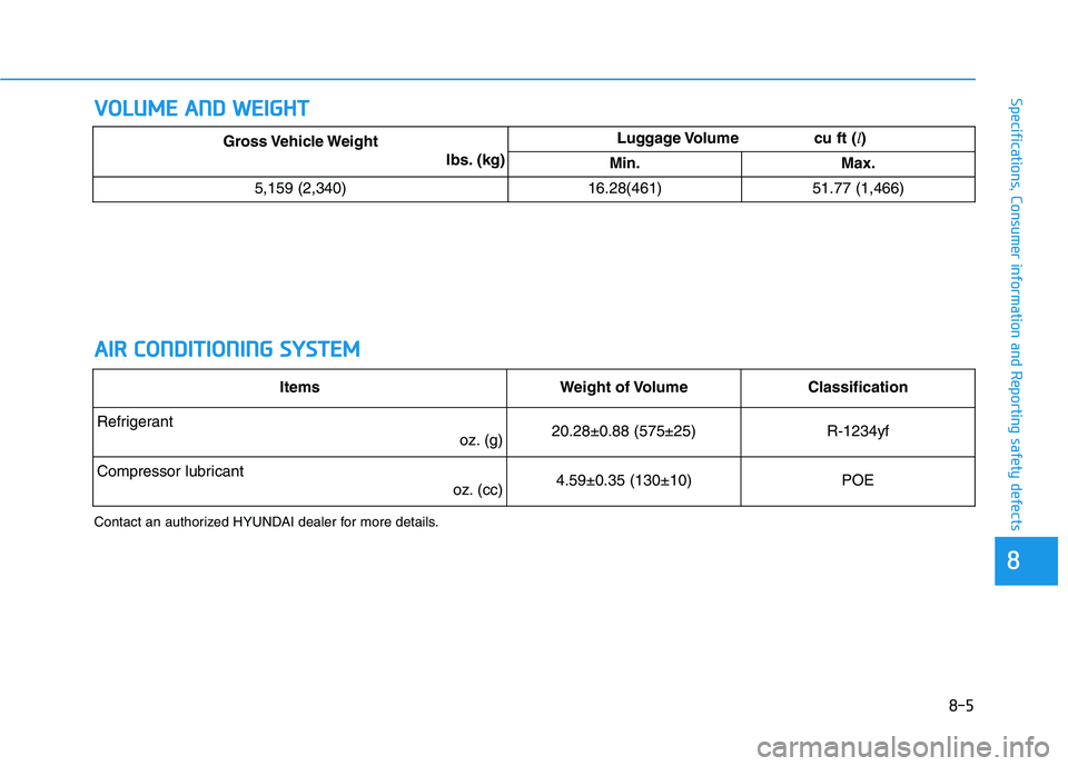 HYUNDAI NEXO 2019  Owners Manual 8-5
88
Specifications, Consumer information and Reporting safety defectsV VO
OL
LU
UM
ME
E 
 A
AN
ND
D 
 W
WE
EI
IG
GH
HT
T
A AI
IR
R 
 C
CO
ON
ND
DI
IT
TI
IO
ON
NI
IN
NG
G 
 S
SY
YS
ST
TE
EM
M
Contac