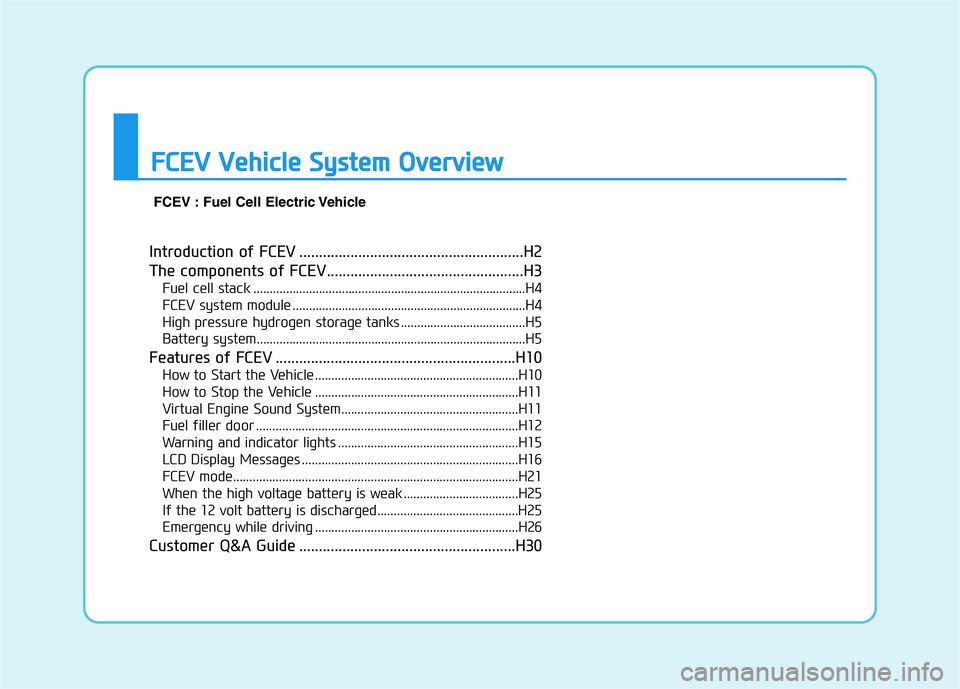 HYUNDAI NEXO 2019 Owners Manual Introduction of FCEV .........................................................H2
The components of FCEV..................................................H3
Fuel cell stack ............................ HYUNDAI NEXO 2019 Owners Manual Introduction of FCEV .........................................................H2
The components of FCEV..................................................H3
Fuel cell stack ............................