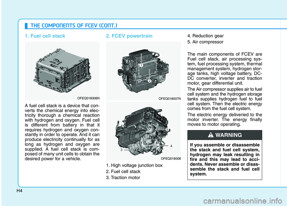 HYUNDAI NEXO 2019 Owners Manual H4
1. Fuel cell stack
A fuel cell stack is a device that con-
verts the chemical energy into elec-
tricity thorough a chemical reaction
with hydrogen and oxygen. Fuel cell
is different from battery i HYUNDAI NEXO 2019 Owners Manual H4
1. Fuel cell stack
A fuel cell stack is a device that con-
verts the chemical energy into elec-
tricity thorough a chemical reaction
with hydrogen and oxygen. Fuel cell
is different from battery i