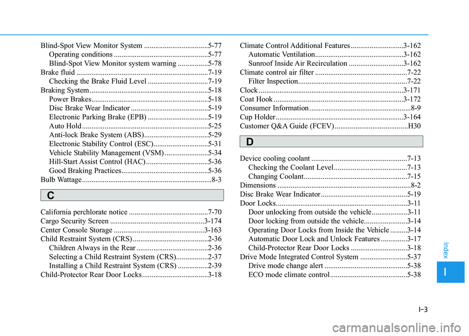 HYUNDAI NEXO 2019 Owners Manual I-3
Blind-Spot View Monitor System ..................................5-77
Operating conditions ..................................................5-77
Blind-Spot View Monitor system warning ........... HYUNDAI NEXO 2019 Owners Manual I-3
Blind-Spot View Monitor System ..................................5-77
Operating conditions ..................................................5-77
Blind-Spot View Monitor system warning ...........