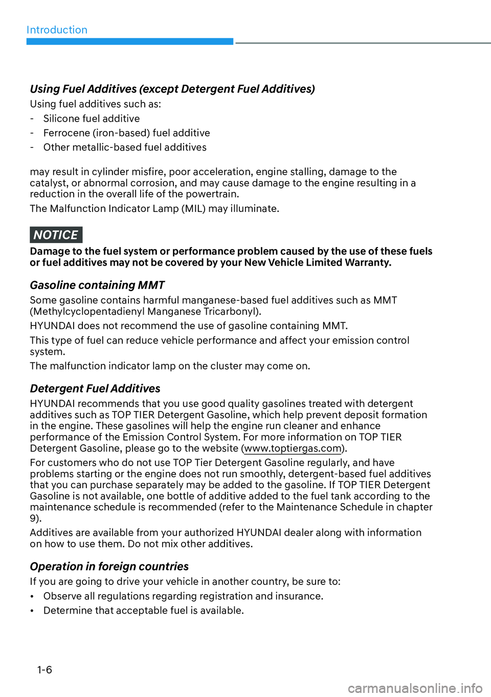 HYUNDAI PALISADE 2023  Owners Manual Introduction1-6
Using Fuel Additives (except Detergent Fuel Additives)
Using fuel additives such as: 
- Silicone fuel additive
 
- Ferrocene (iron-based) fuel additive
 
- Other metallic-based fuel ad