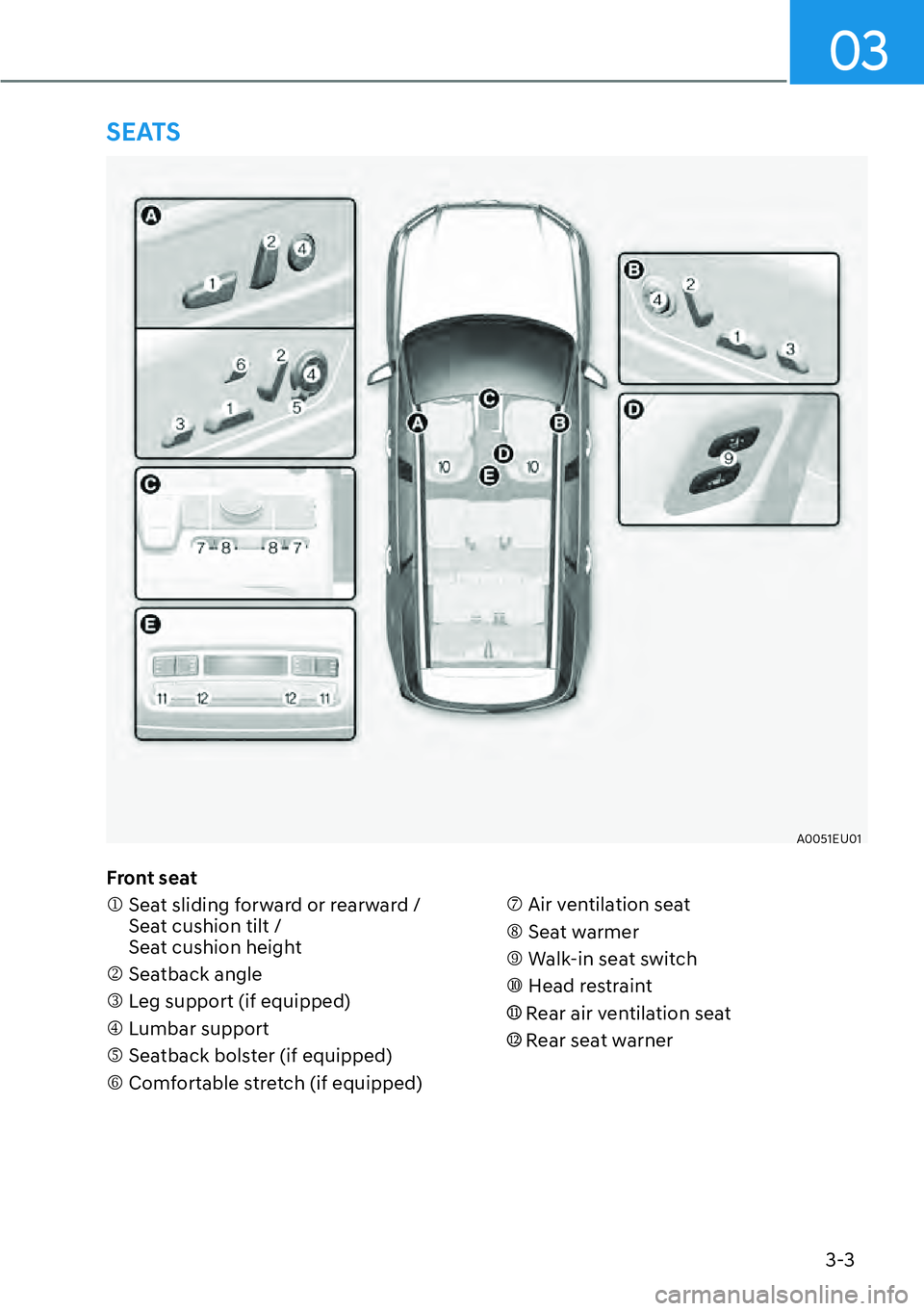 HYUNDAI PALISADE 2023  Owners Manual 3-3
03
Front seat
�M  Seat sliding forward or rearward /  Seat cushion tilt /  
Seat cushion height
�N Seatback angle
�O Leg support (if equipped)
�P Lumbar support
�Q Seatback bolster (if equipped)
�