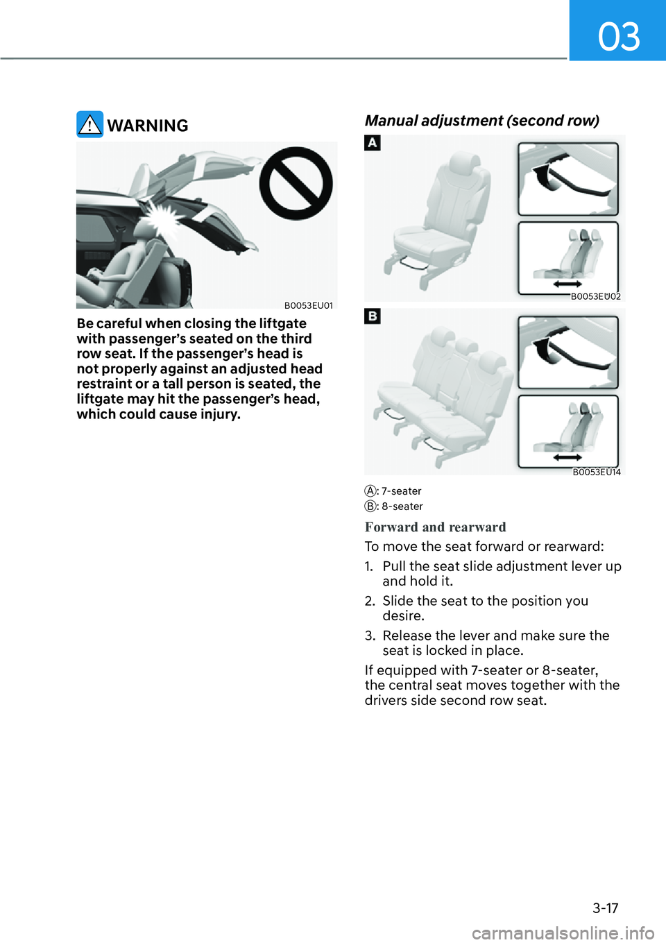 HYUNDAI PALISADE 2023  Owners Manual 03
3-17
 WARNING
B0053EU01
Be careful when closing the liftgate 
with passenger’s seated on the third 
row seat. If the passenger’s head is 
not properly against an adjusted head 
restraint or a t
