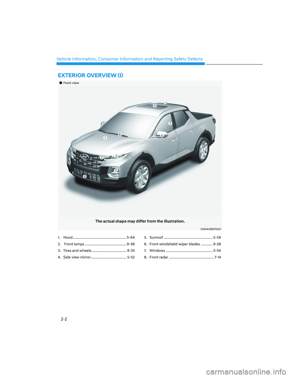 HYUNDAI SANTA CRUZ 2023  Owners Manual 2-2
Vehicle Information, Consumer Information and Reporting Safety Defects
�(�;�7�(�5�,�2�5��2�9�(�5�9�,�(�:�