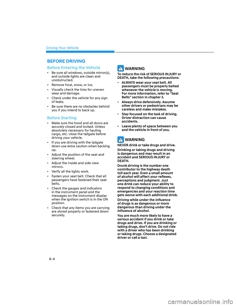 HYUNDAI SANTA CRUZ 2023  Owners Manual Driving Your Vehicle
6-4
Before Entering the Vehicle
•  Be sure all windows, outside mirror(s), 
and outside lights are clean and 
unobstructed.
•  Remove frost, snow, or ice.
•  Visually check 