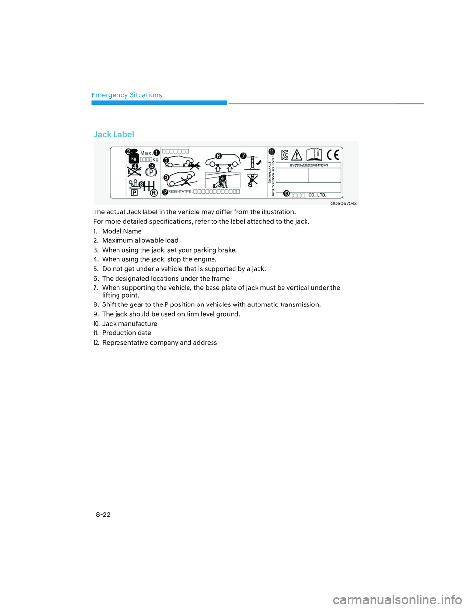 HYUNDAI SANTA CRUZ 2023  Owners Manual Emergency Situations
8-22
Jack Label
OOS067043OOS067043
The actual Jack label in the vehicle may differ from the illustration.
For more detailed specifications, refer to the label attached to the jack