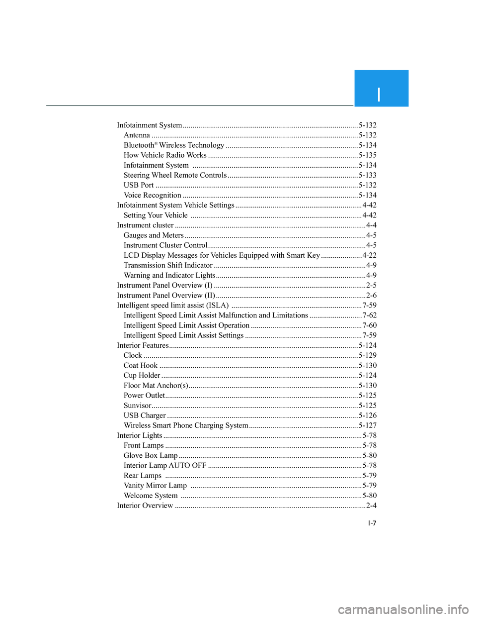 HYUNDAI SANTA CRUZ 2023  Owners Manual I
I-7
Infotainment System .......................................................................................... 5-132
Antenna .....................................................................