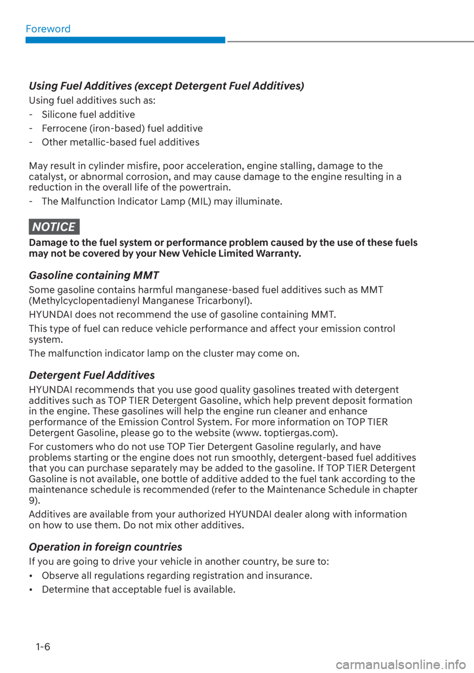 HYUNDAI SANTA FE 2023 Owners Manual Foreword1-6
Using Fuel Additives (except Detergent Fuel Additives)
Using fuel additives such as: - Silicone fuel additive
- Ferrocene (iron-based) fuel additive
- Other metallic-based fuel additives HYUNDAI SANTA FE 2023 Owners Manual Foreword1-6
Using Fuel Additives (except Detergent Fuel Additives)
Using fuel additives such as: - Silicone fuel additive
- Ferrocene (iron-based) fuel additive
- Other metallic-based fuel additives