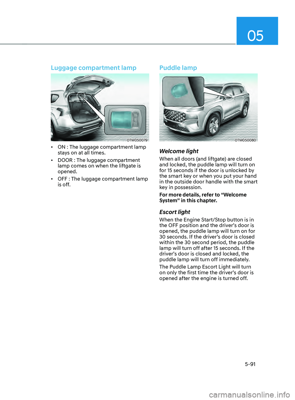 HYUNDAI SANTA FE CALLIGRAPHY 2021  Owners Manual 05
5-91
Luggage compartment lamp
OTM050079
•	ON : The luggage compartment lamp 
stays on at all times.
•	 DOOR : The luggage compartment 
lamp comes on when the liftgate is 
opened.
•	 OFF : The