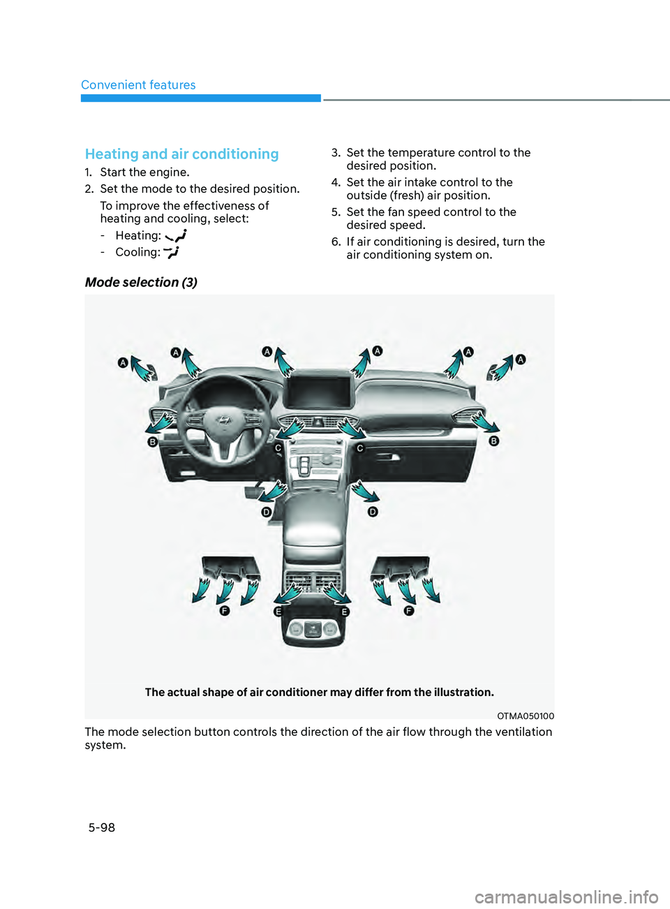 HYUNDAI SANTA FE CALLIGRAPHY 2021  Owners Manual Convenient features
5-98
Mode selection (3)
The actual shape of air conditioner may differ from the illustration.
OTMA050100
The mode selection button controls the direction of the air flow through th