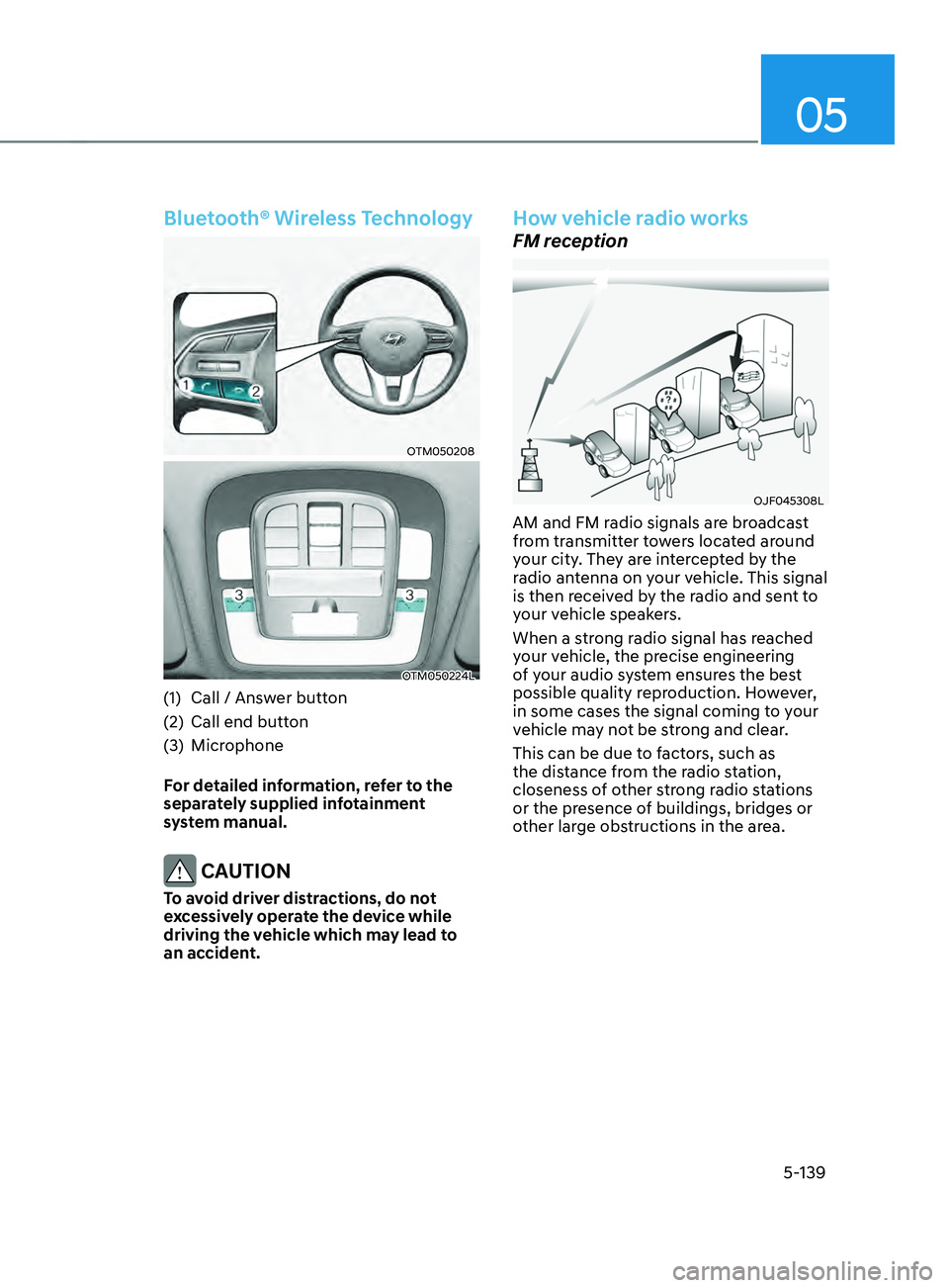 HYUNDAI SANTA FE CALLIGRAPHY 2021  Owners Manual 05
5-139
Bluetooth® Wireless Technology
OTM050208
OTM050224L
(1) Call / Answer button
(2)
 Call end button
(3

)
 Microphone
F

or detailed information, refer to the 
separately supplied infotainment