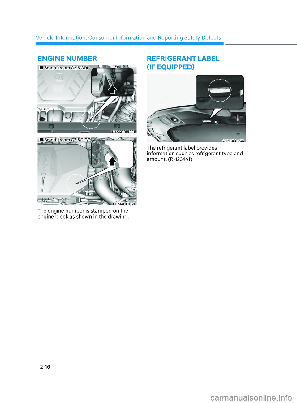 HYUNDAI SANTA FE CALLIGRAPHY 2021  Owners Manual Vehicle Information, Consumer Information and Reporting Safety Defects
2-16
ENGINE NUMBER
„„Smartstream G2.5 GDI
OTMA010020
„„Smartstream G2.5 T-GDI
OTMA010021
The engine number is