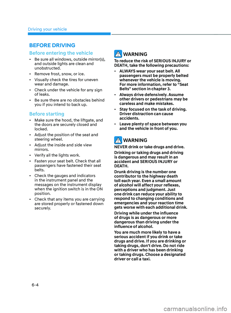 HYUNDAI SANTA FE CALLIGRAPHY 2021  Owners Manual Driving your vehicle
6-4
Before entering the vehicle
•	Be sure all windows, outside mirror(s), 
and outside lights are clean and 
unobstructed.
•	 Remove frost, snow, or ice.
•	 Visually check t