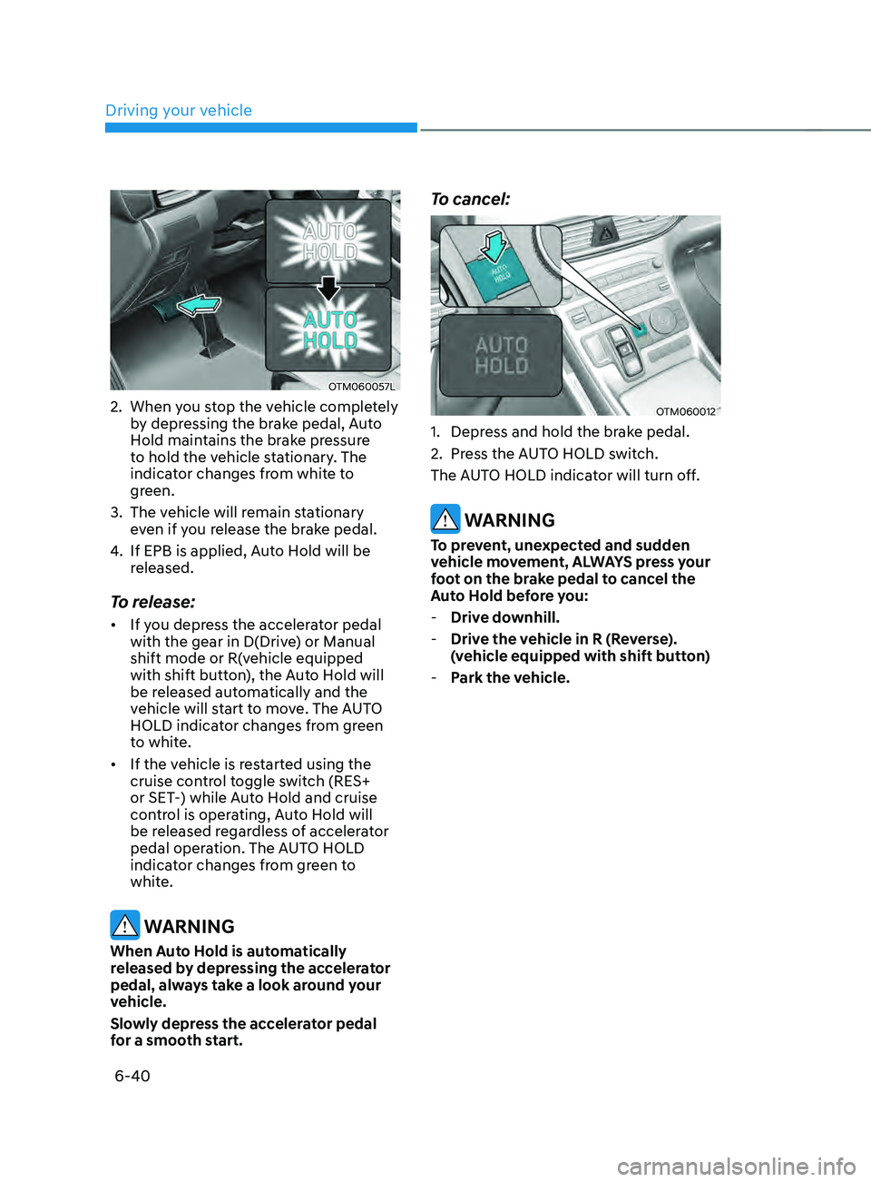 HYUNDAI SANTA FE CALLIGRAPHY 2021  Owners Manual Driving your vehicle
6-40
OTM060057L
2. When you stop the vehicle completely 
by depressing the brake pedal, Auto 
Hold maintains the brake pressure 
to hold the vehicle stationary. The 
indicator cha