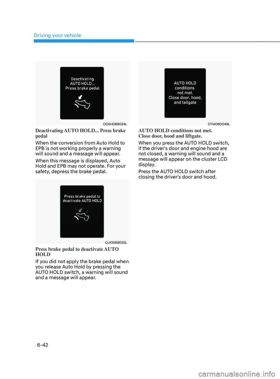 HYUNDAI SANTA FE CALLIGRAPHY 2021  Owners Manual Driving your vehicle
6-42
OOSH069024L
Deactivating AUTO HOLD... Press brake 
pedal
When the conversion from Auto Hold to 
EPB is not working properly a warning 
will sound and a message will appear.
W