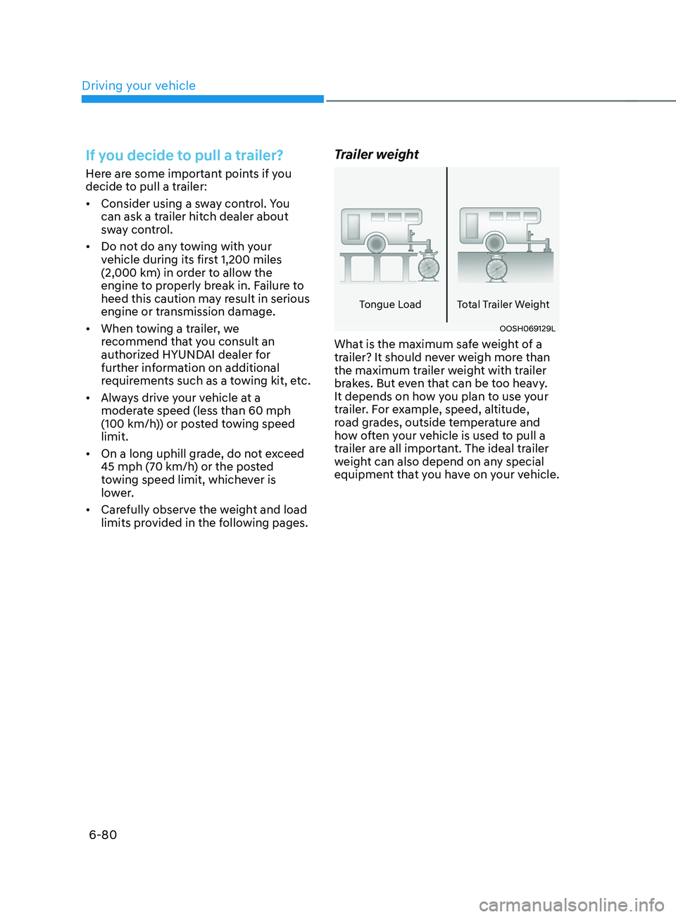 HYUNDAI SANTA FE CALLIGRAPHY 2021  Owners Manual Driving your vehicle
6-80
If you decide to pull a trailer?
Here are some important points if you 
decide to pull a trailer:
•	Consider using a sway control. You 
can ask a trailer hitch dealer about