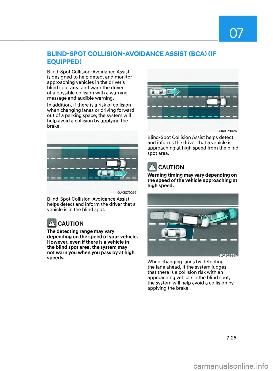 HYUNDAI SANTA FE CALLIGRAPHY 2021  Owners Manual 07
7-25
bLInD-spOT COLLIsIOn-AVOIDAnCE A ssIsT (bC A) (IF 
EQUI
ppED)
Blind-Spot Collision-Avoidance Assist 
is designed to help detect and monitor 
approaching vehicles in the driver’s 
blind spot 