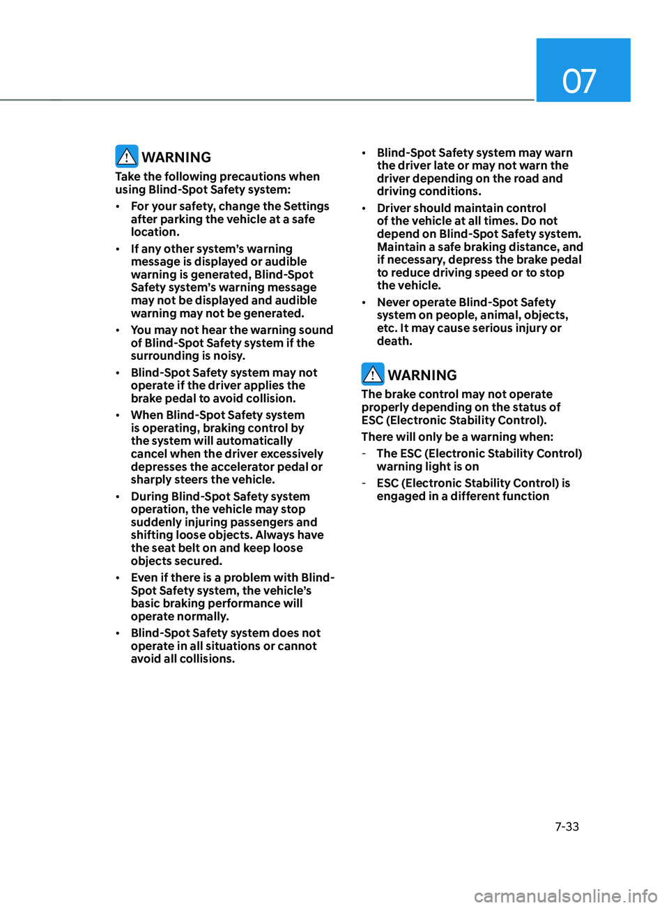 HYUNDAI SANTA FE CALLIGRAPHY 2021  Owners Manual 07
7-33
 WARNING
Take the following precautions when 
using Blind-Spot Safety system:
•	For your safety, change the Settings 
after parking the vehicle at a safe 
location.
•	 If any other system