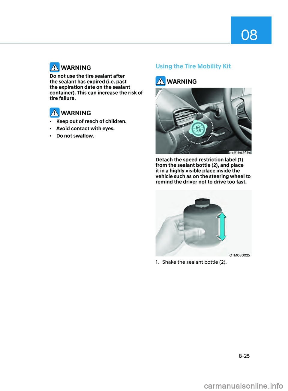 HYUNDAI SANTA FE CALLIGRAPHY 2021  Owners Manual 08
8-25
 WARNING
Do not use the tire sealant after 
the sealant has expired (i.e. past 
the expiration date on the sealant 
container). This can increase the risk of 
tire failure.
 WARNING
•	Keep o